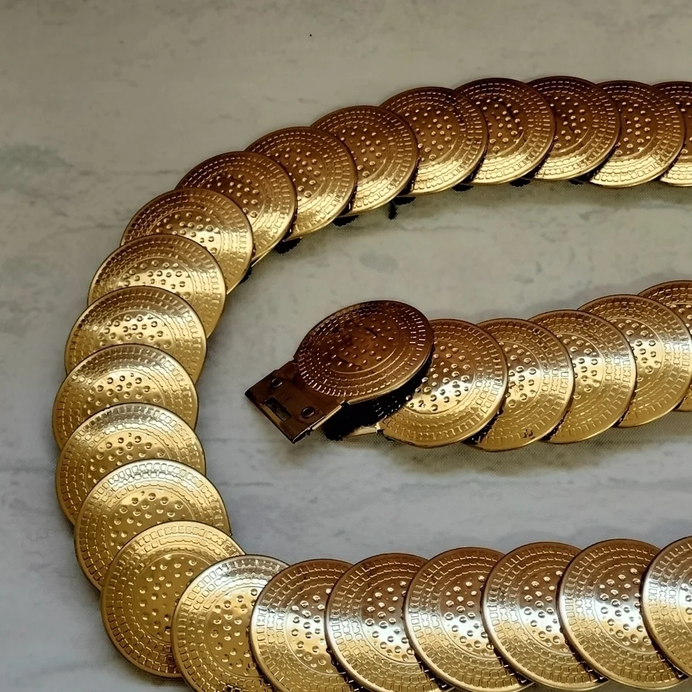 Gold Tone Coin Stretch Belt Glam Rock 80s Vintage Retro Women's